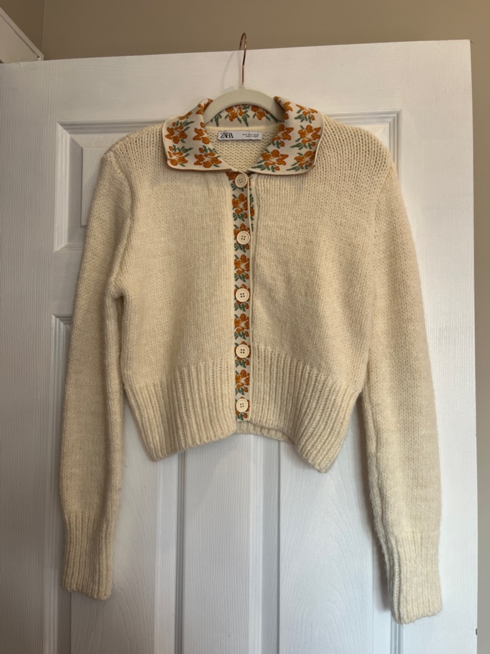 Zara Cream Cardigan with Orange Floral Collar with cropped knit tank to match